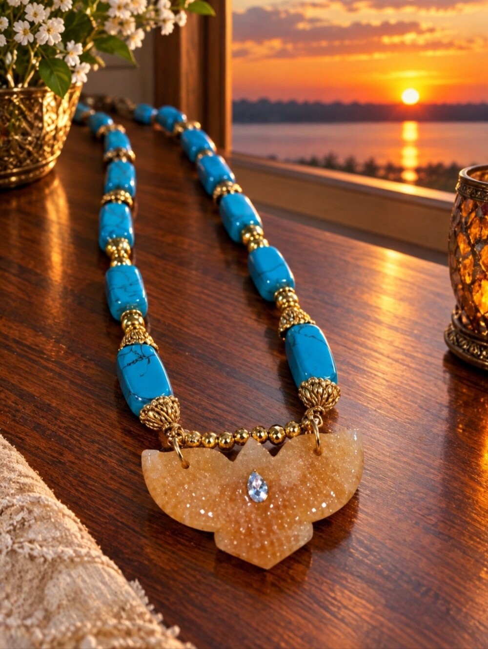 ARTISAN CRAFTED Turquoise Beaded Necklace with golden Eagle Agate Pendant 18 In.